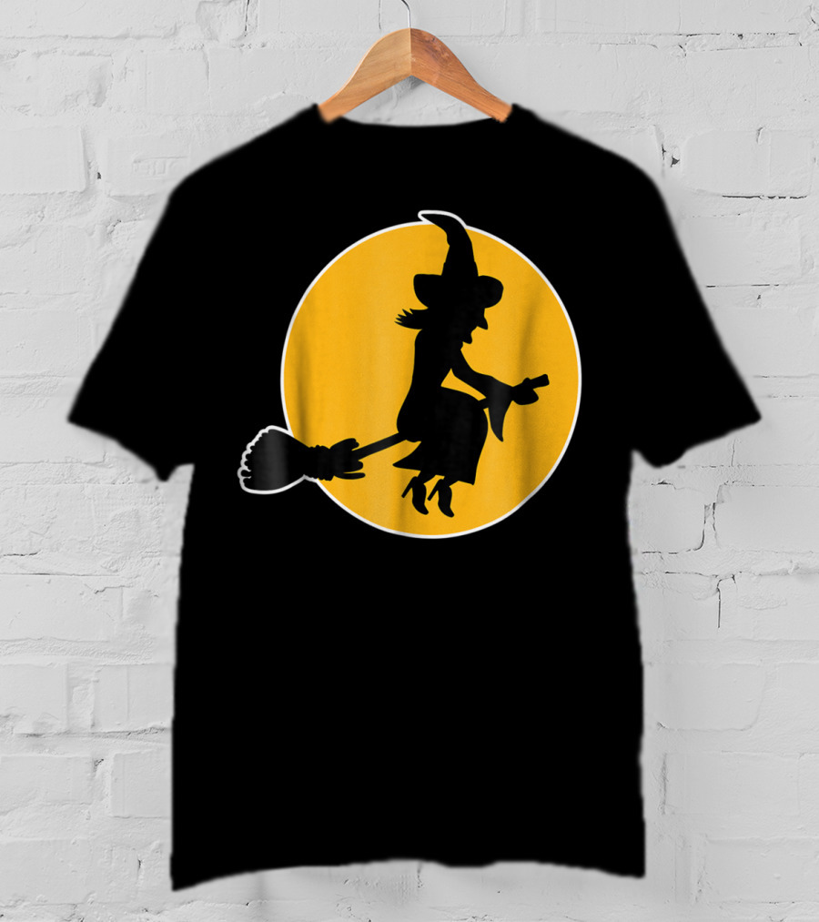 Witch Silhouette Flying Over Yellow Moon T-Shirt