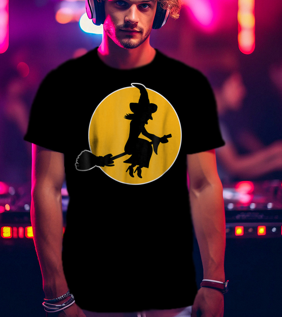 Witch Silhouette Flying Over Yellow Moon T-Shirt