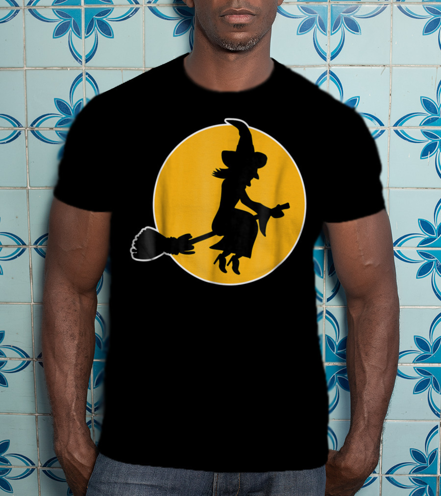 Witch Silhouette Flying Over Yellow Moon T-Shirt