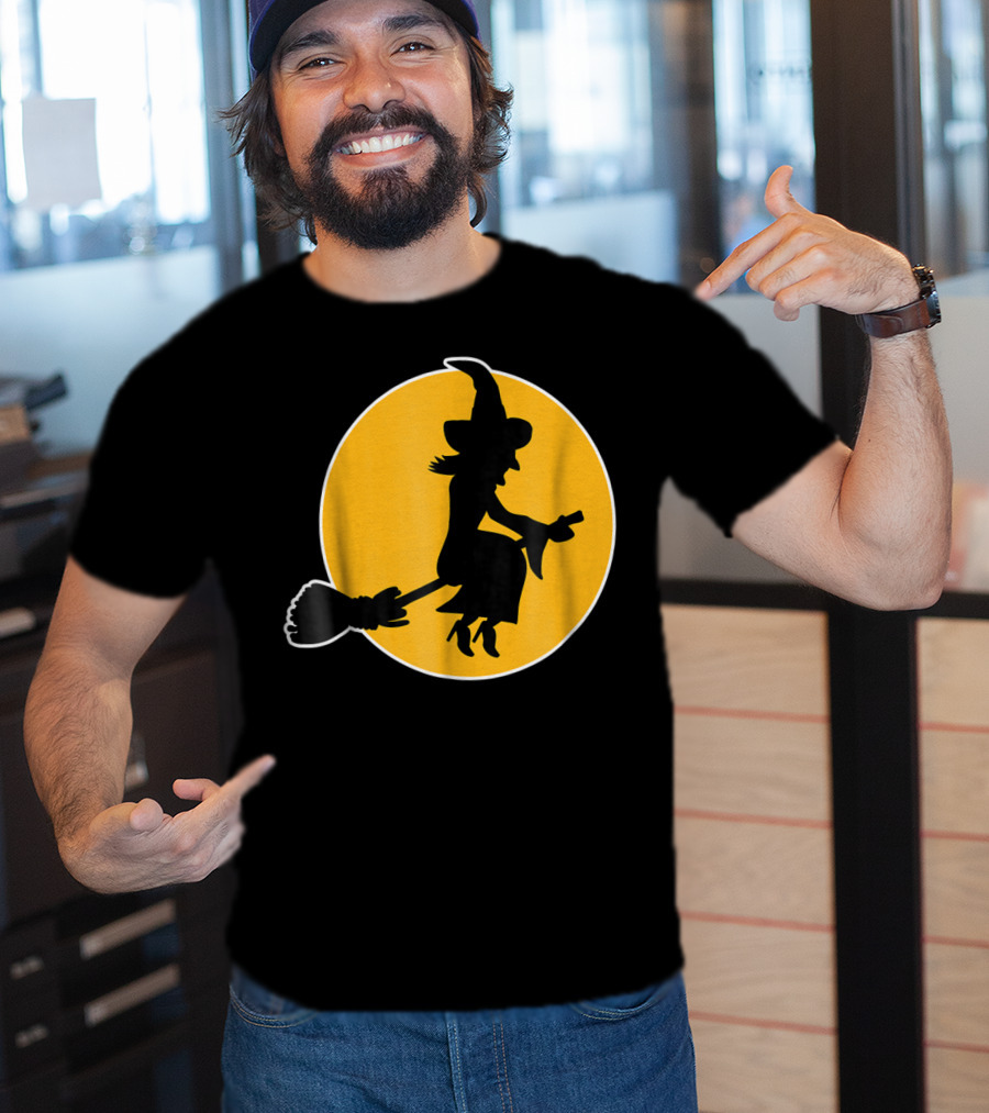 Witch Silhouette Flying Over Yellow Moon T-Shirt