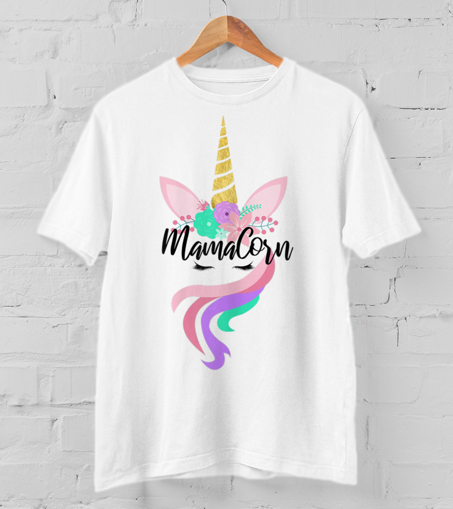 Mamacorn Cute Unicorn Gold Horn Floral Ears Rainbow Mane T-Shirt