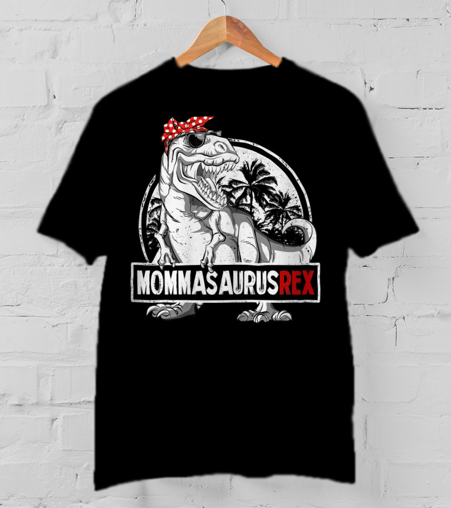 Mommasaurus Rex Dinosaur With Red Bandana And Palm Trees T-Shirt