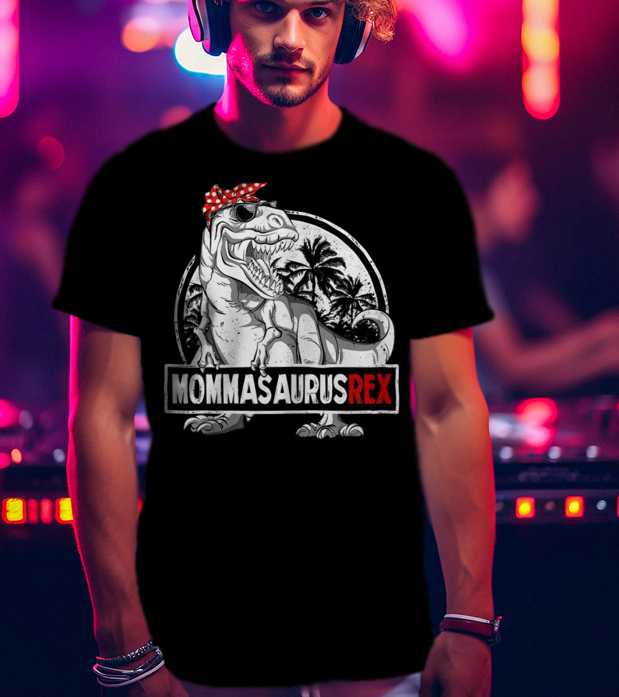 Mommasaurus Rex Dinosaur With Red Bandana And Palm Trees T-Shirt