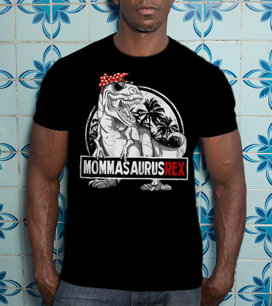 Mommasaurus Rex Dinosaur With Red Bandana And Palm Trees T-Shirt