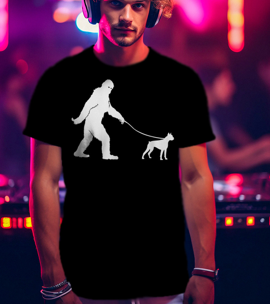 Bigfoot Sasquatch Walking Boxer Dog Lovers T-Shirt