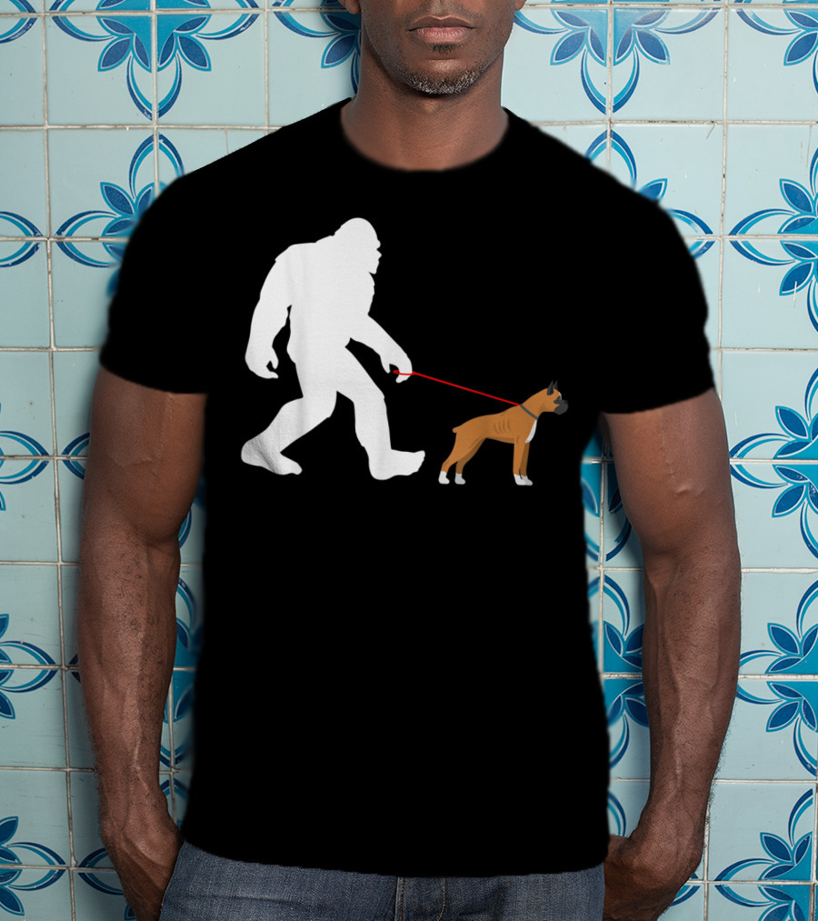 Bigfoot Sasquatch Walking Boxer Dog Novelty T-Shirt