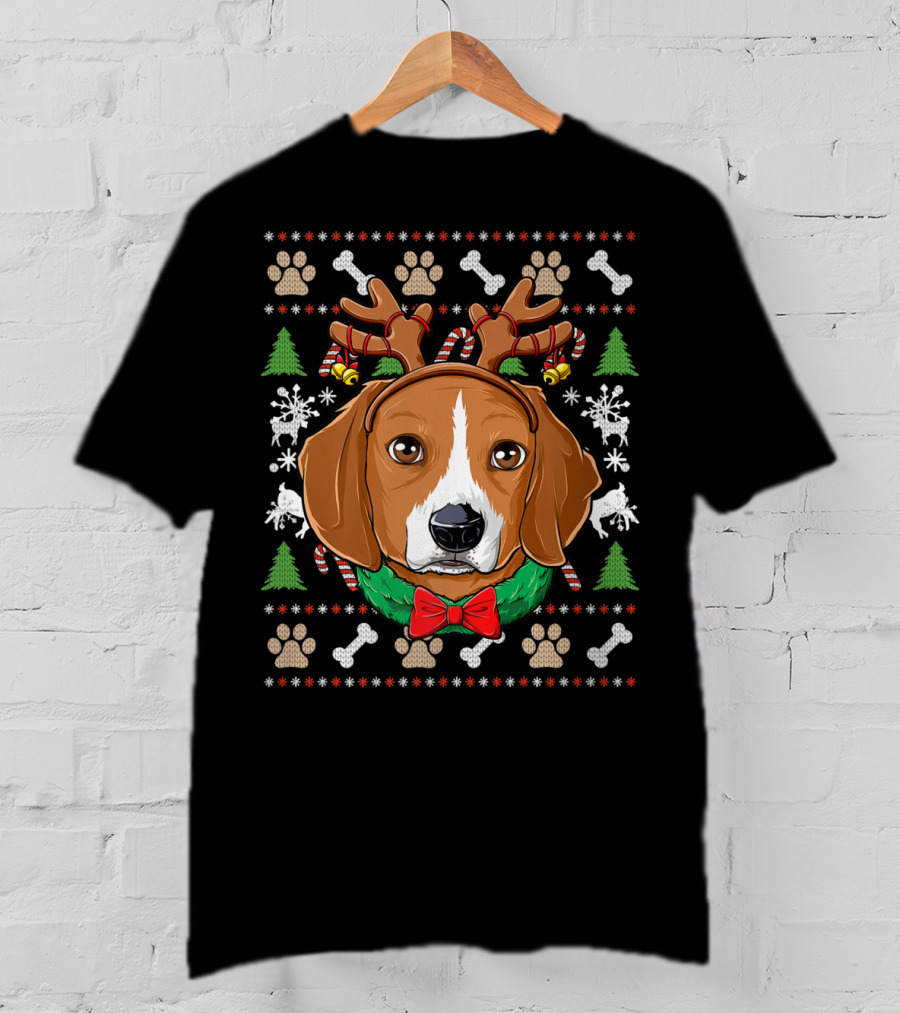 Beagle Reindeer Antlers Ugly Christmas Sweater Paw Prints T-Shirt