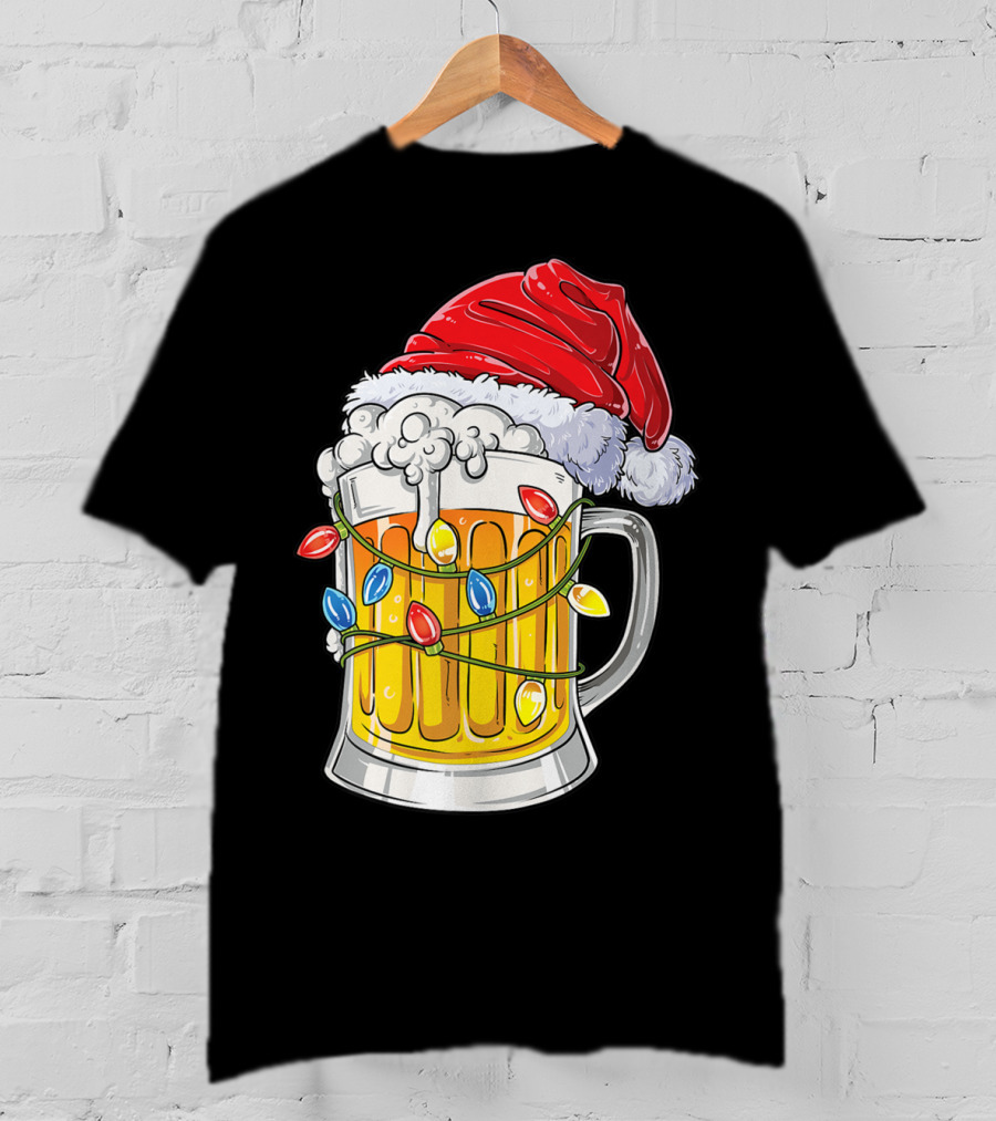 Beer Santa Hat Christmas Lights Holiday Cheer T-Shirt