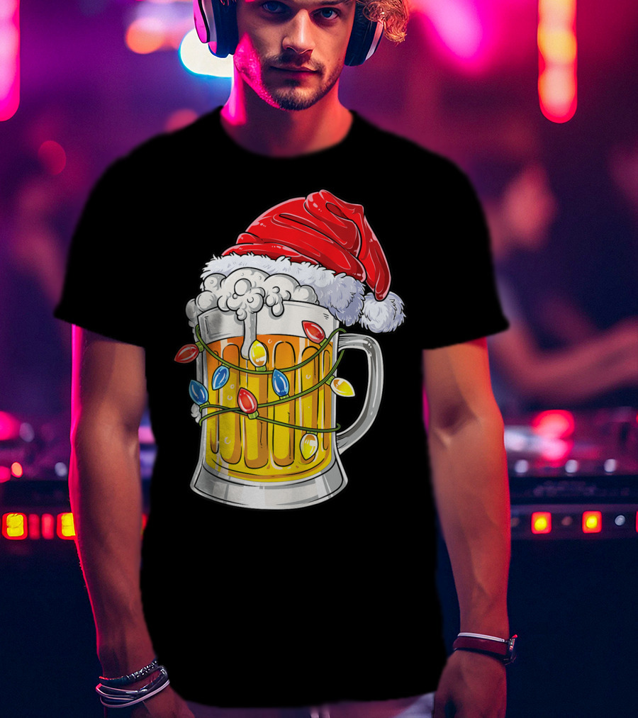 Beer Santa Hat Christmas Lights Holiday Cheer T-Shirt