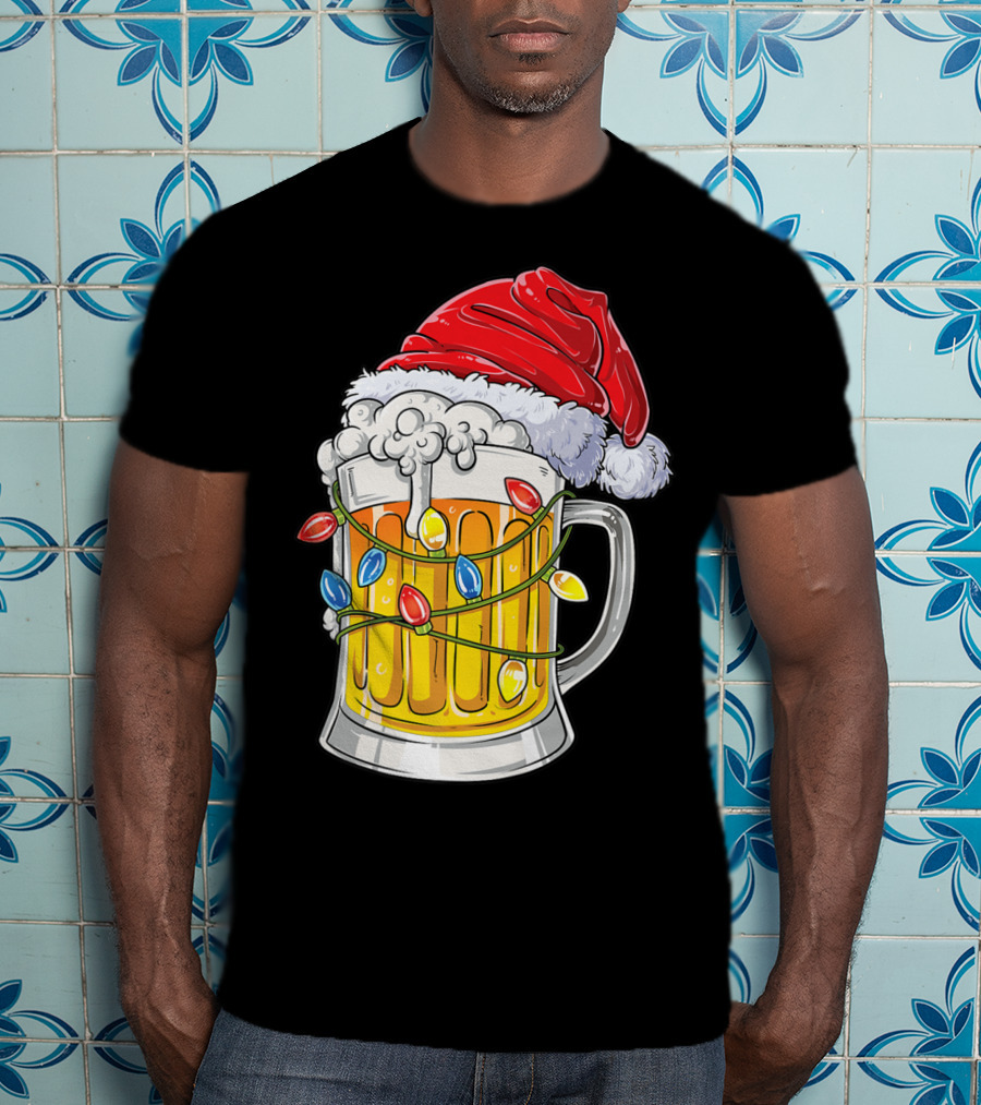 Beer Santa Hat Christmas Lights Holiday Cheer T-Shirt