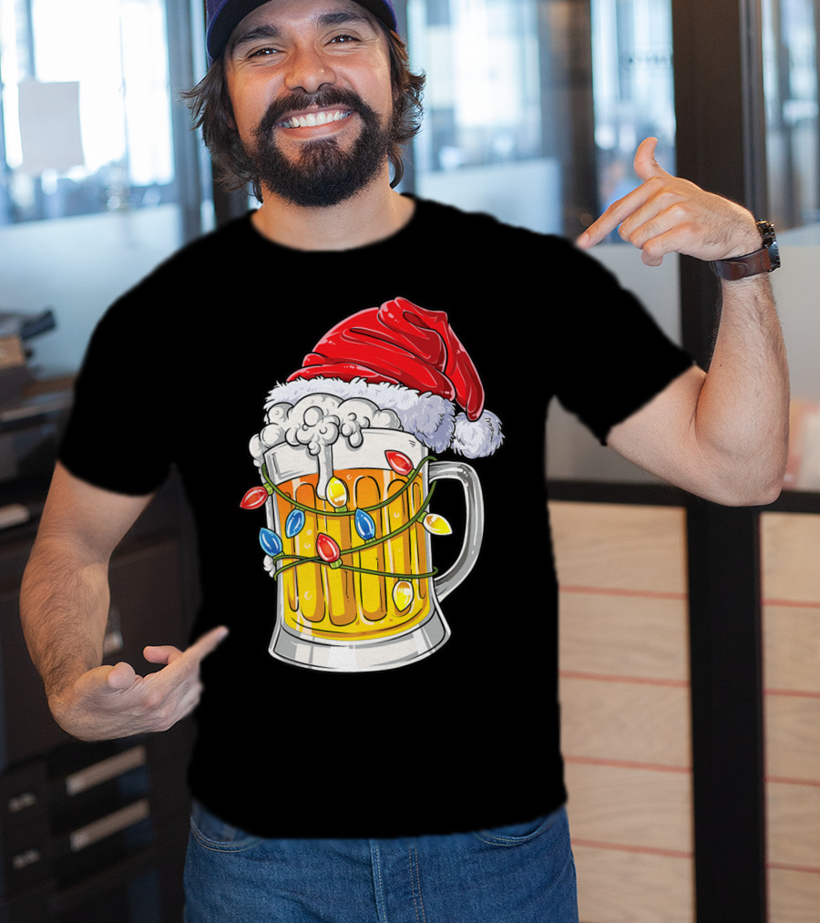 Beer Santa Hat Christmas Lights Holiday Cheer T-Shirt
