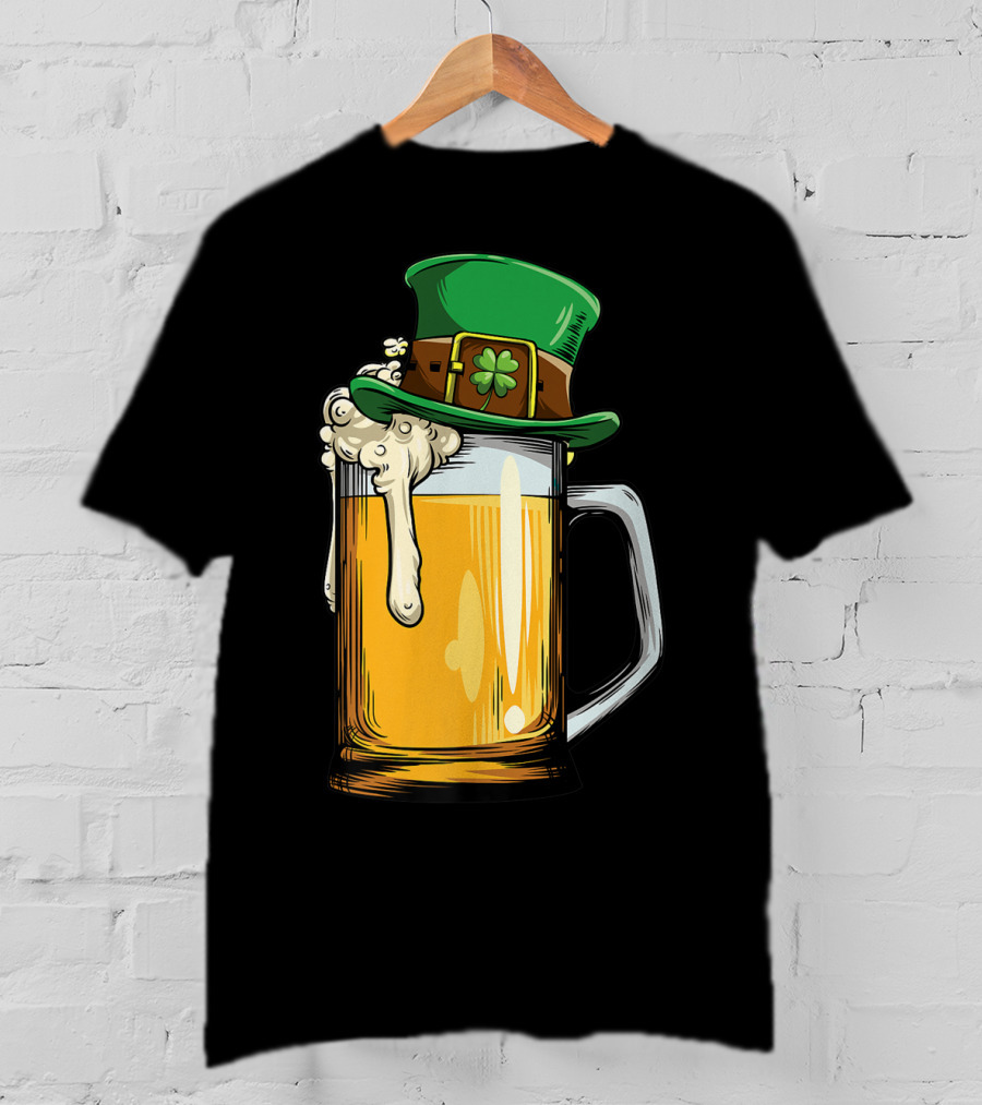 Leprechaun Hat Overflowing Beer Mug With Shamrock Foam T-Shirt