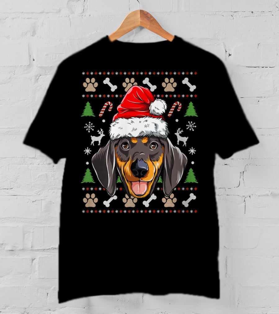 Dachshund Christmas Santa Hat Ugly Sweater Dog With Trees And Candy Canes T-Shirt