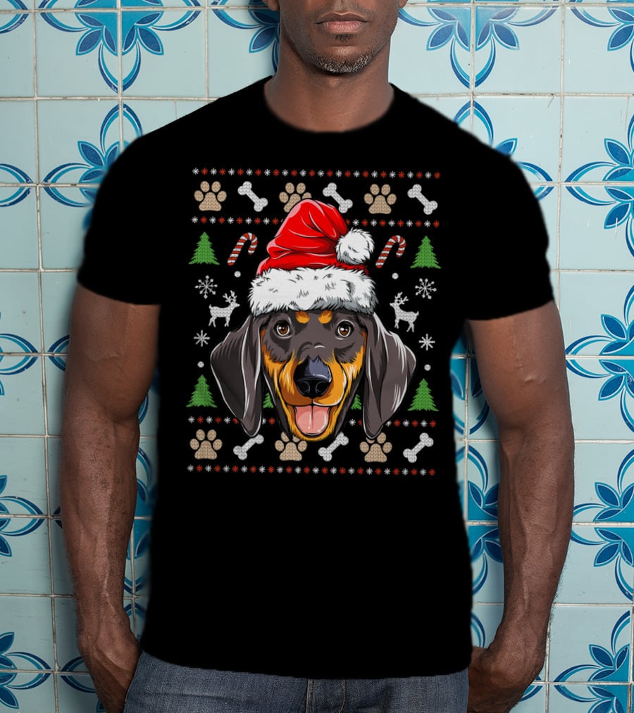 Dachshund Christmas Santa Hat Ugly Sweater Dog With Trees And Candy Canes T-Shirt
