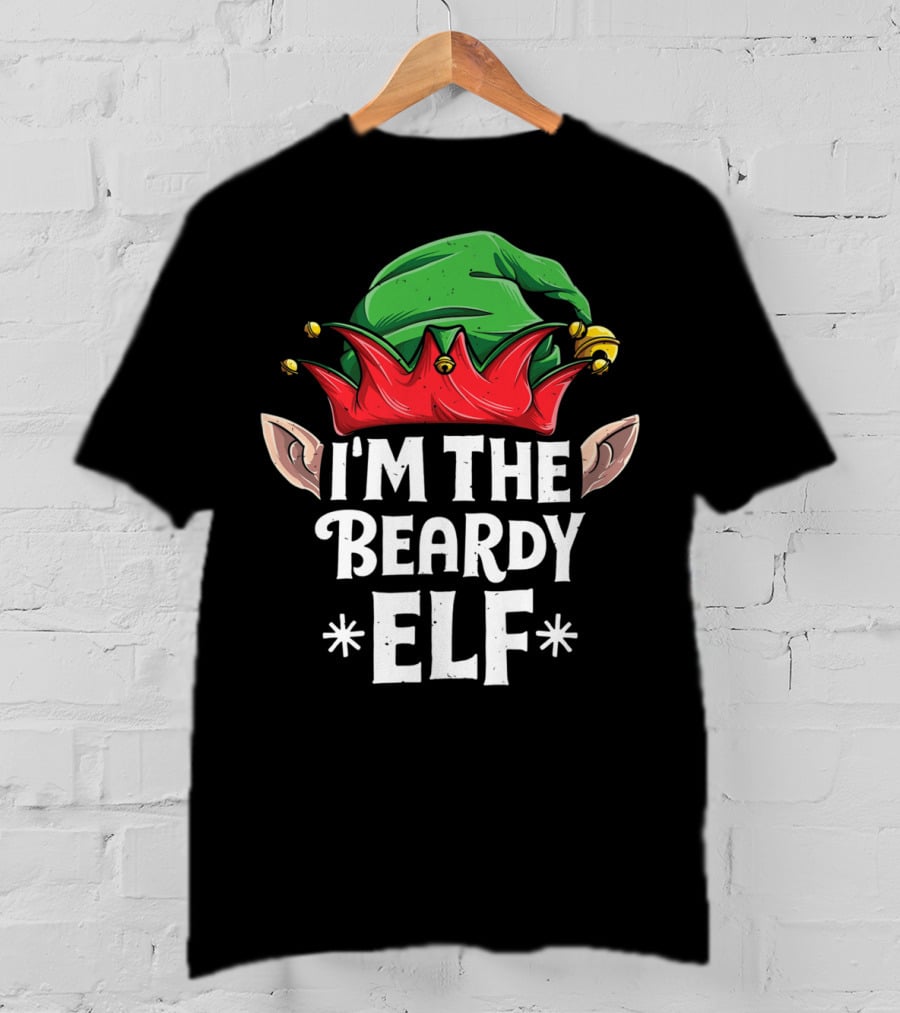 I'm The Beardy Elf With Festive Green Hat And Red Jingle Bell Motif T-Shirt