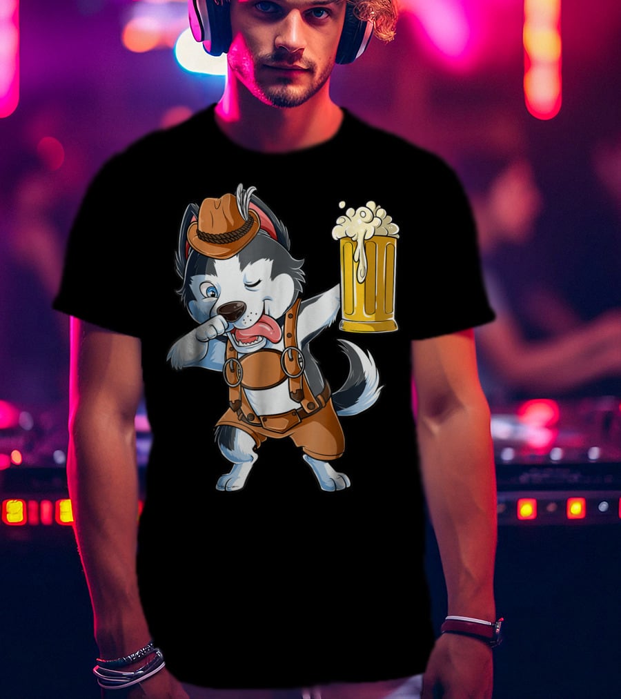 Dabbing Siberian Husky Oktoberfest Lederhosen Beer Mug T-Shirt