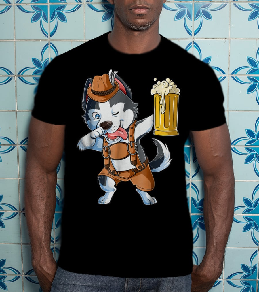 Dabbing Siberian Husky Oktoberfest Lederhosen Beer Mug T-Shirt