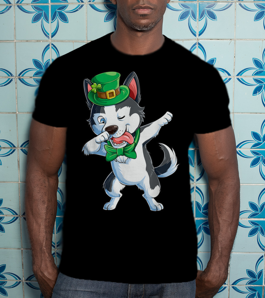 St. Patrick's Day Dabbing Siberian Husky With Green Hat And Bow Tie T-Shirt