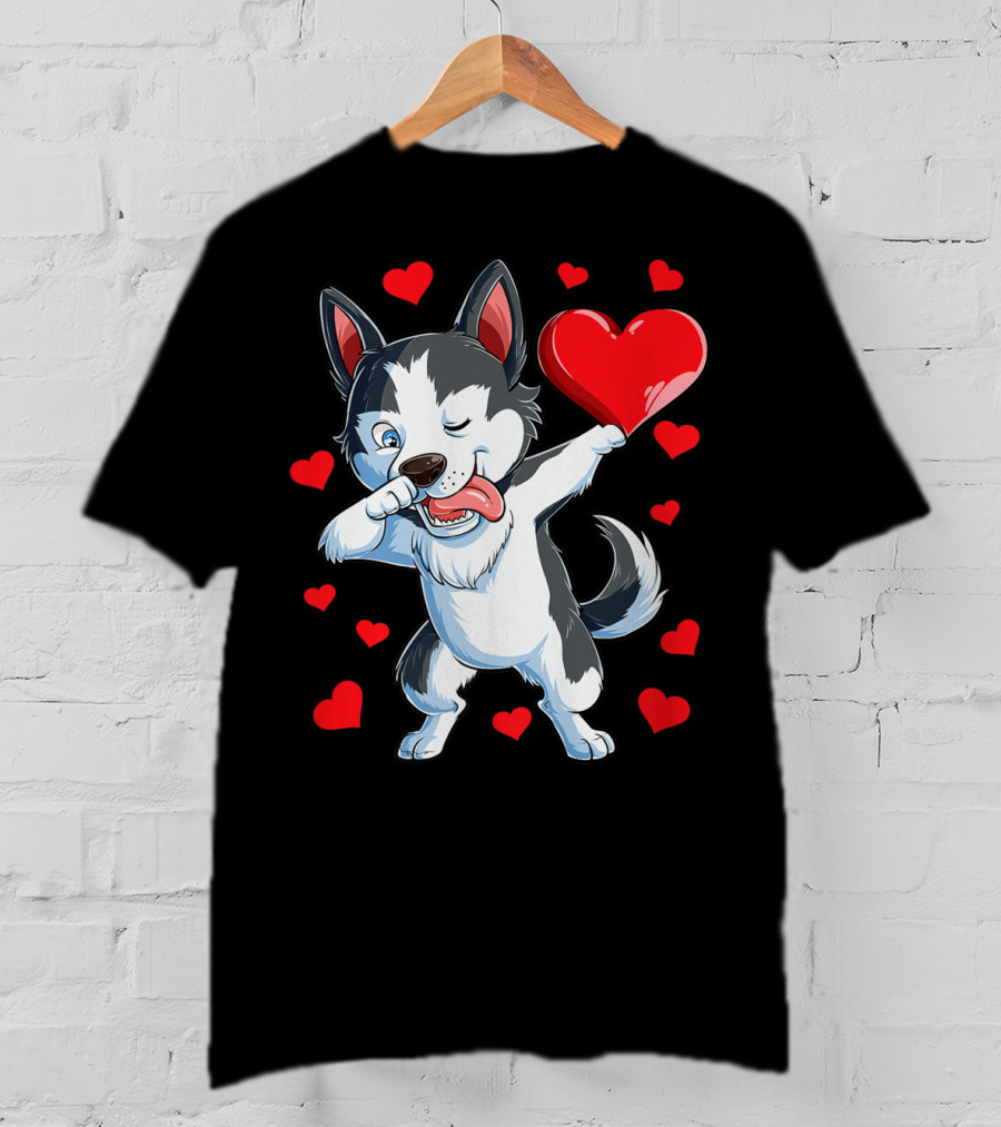 Dabbing Siberian Husky Holding Heart Surrounded By Red Valentine Hearts T-Shirt