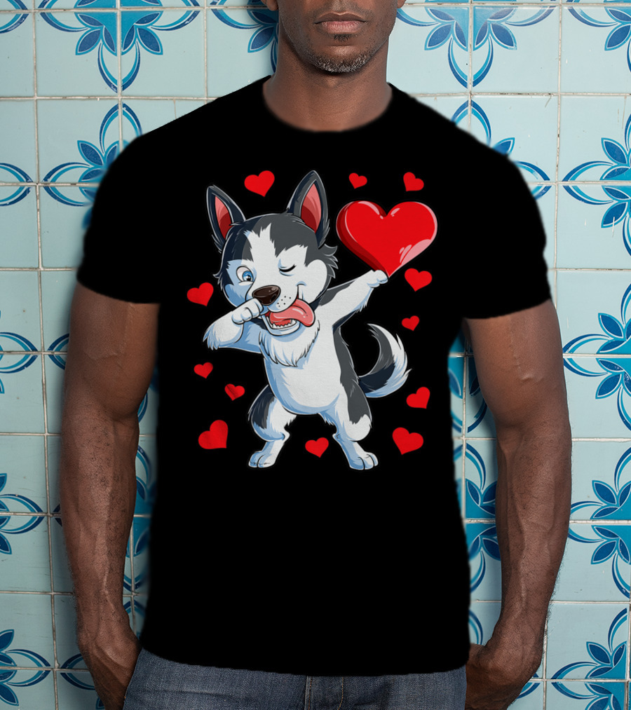Dabbing Siberian Husky Holding Heart Surrounded By Red Valentine Hearts T-Shirt
