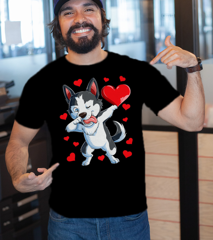 Dabbing Siberian Husky Holding Heart Surrounded By Red Valentine Hearts T-Shirt