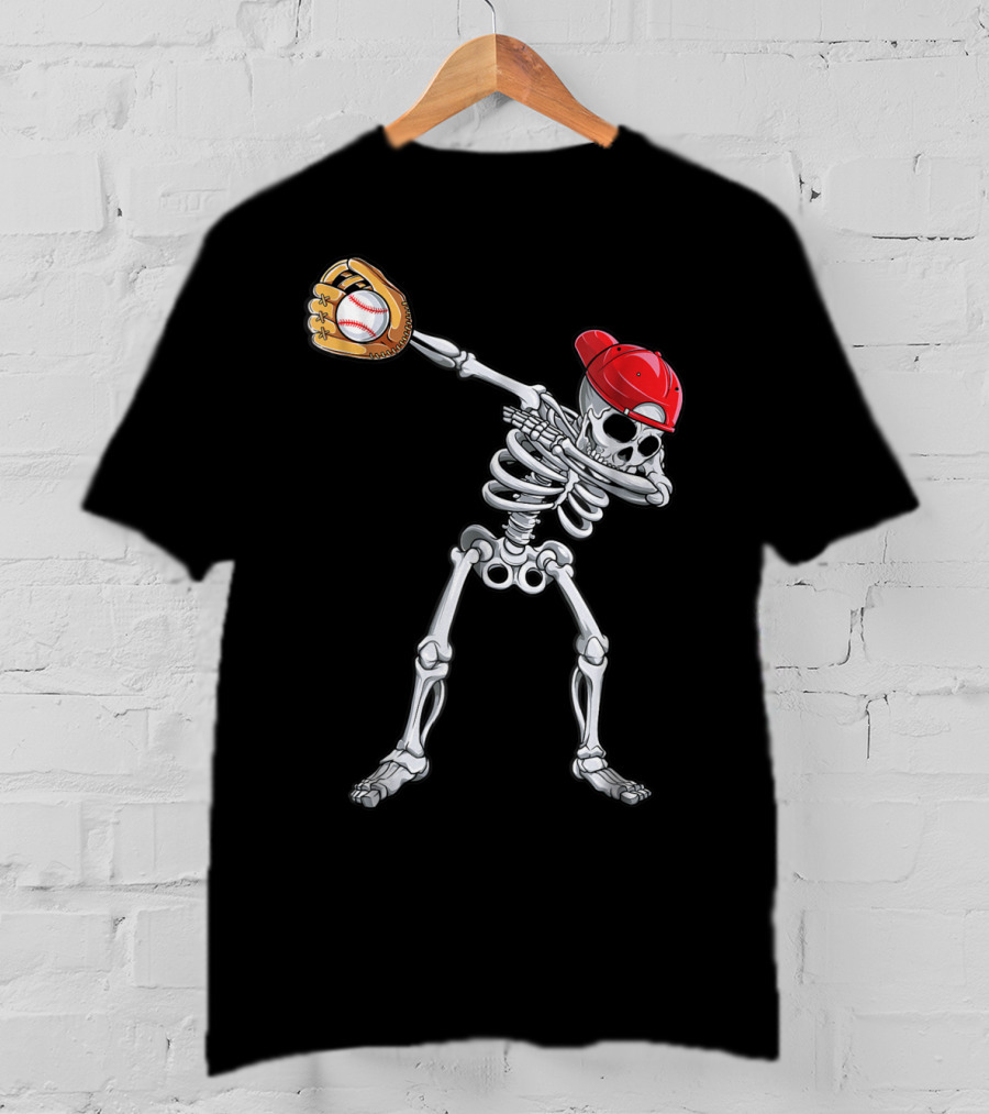 Dabbing Skeleton With Baseball Glove And Cap T-Shirt