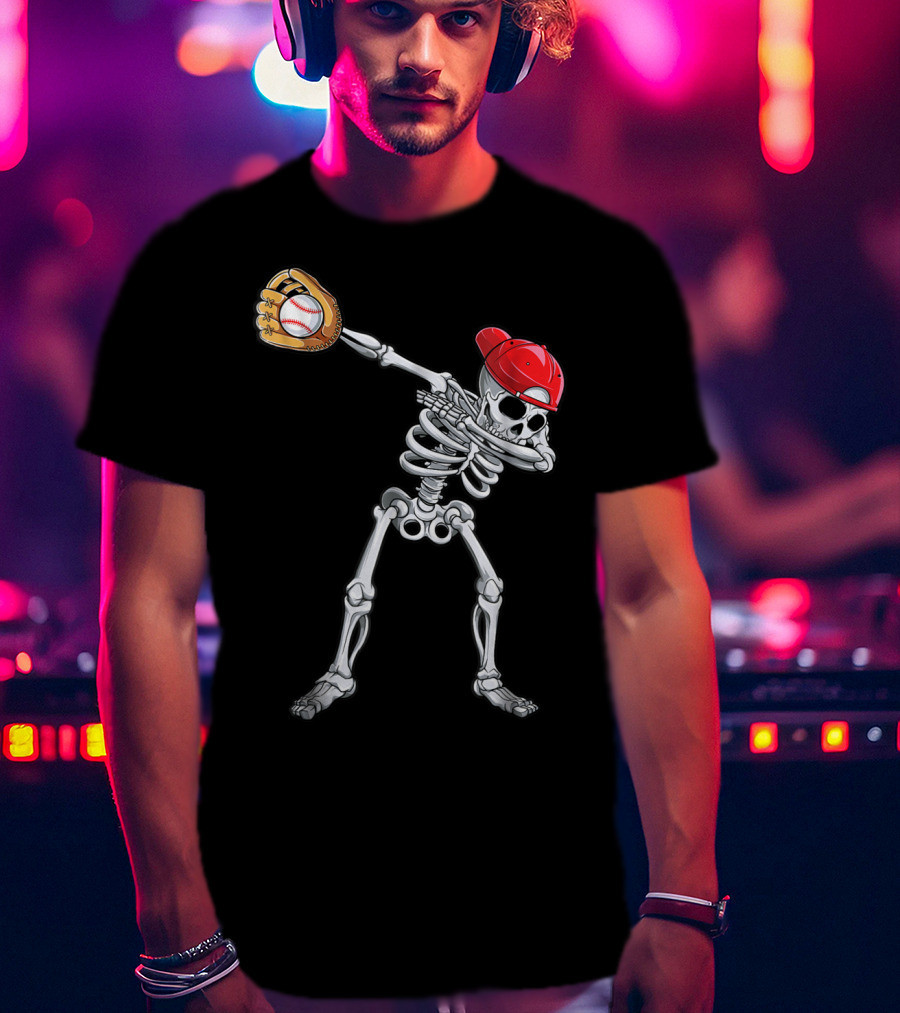Dabbing Skeleton With Baseball Glove And Cap T-Shirt