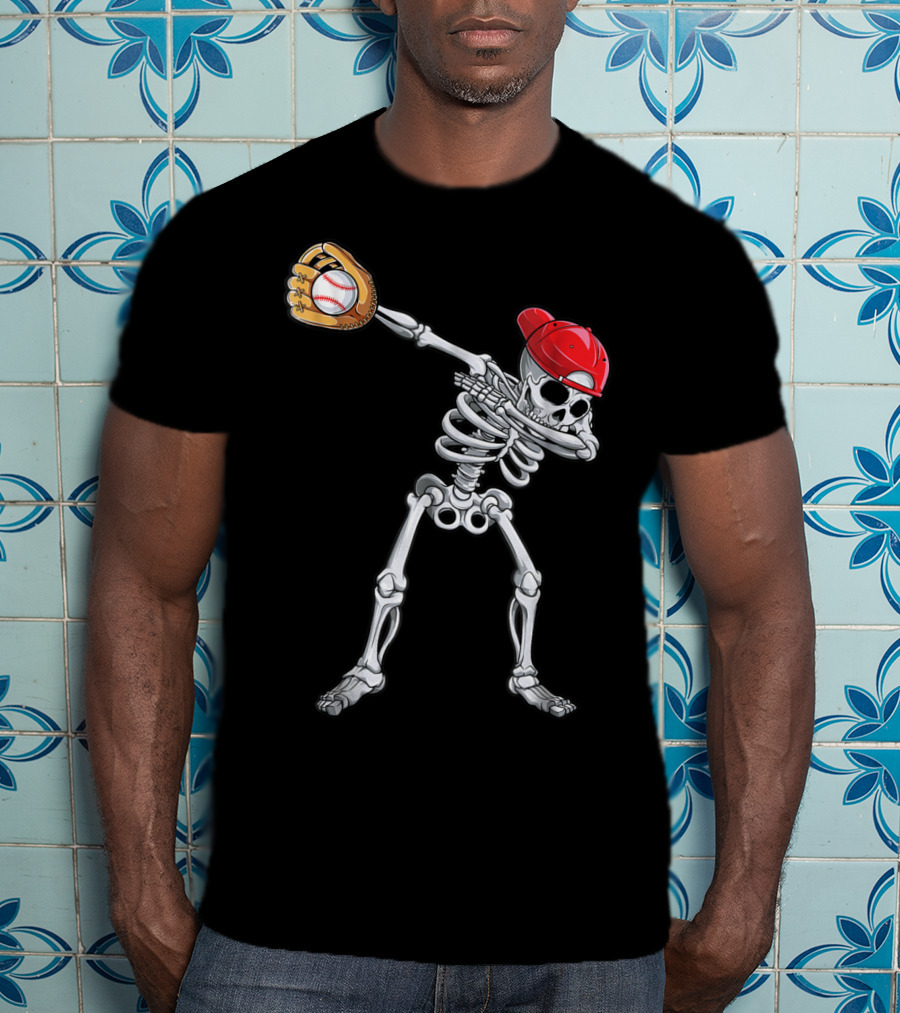 Dabbing Skeleton With Baseball Glove And Cap T-Shirt