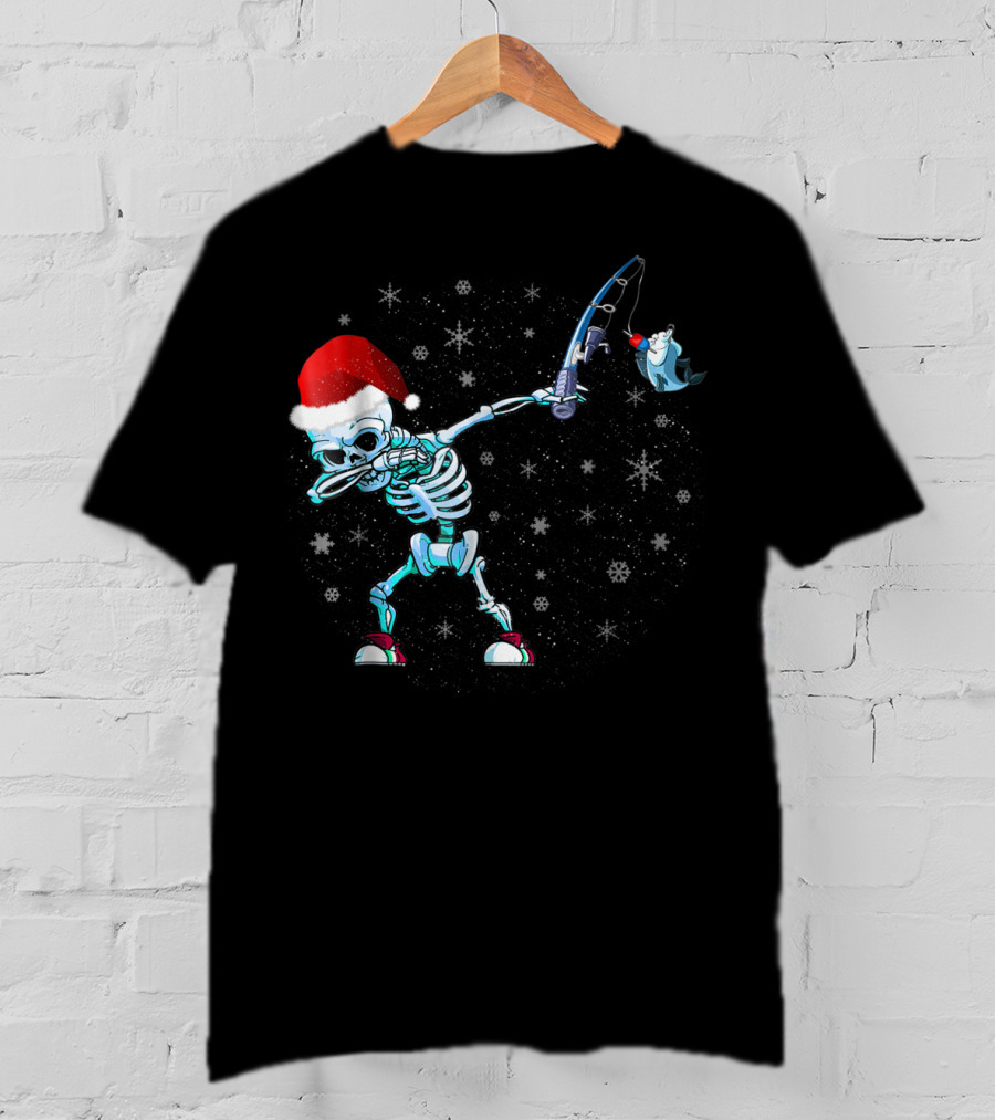 Santa Skeleton Dabbing With Fishing Rod And Shark T-Shirt