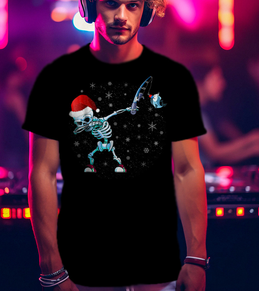 Santa Skeleton Dabbing With Fishing Rod And Shark T-Shirt