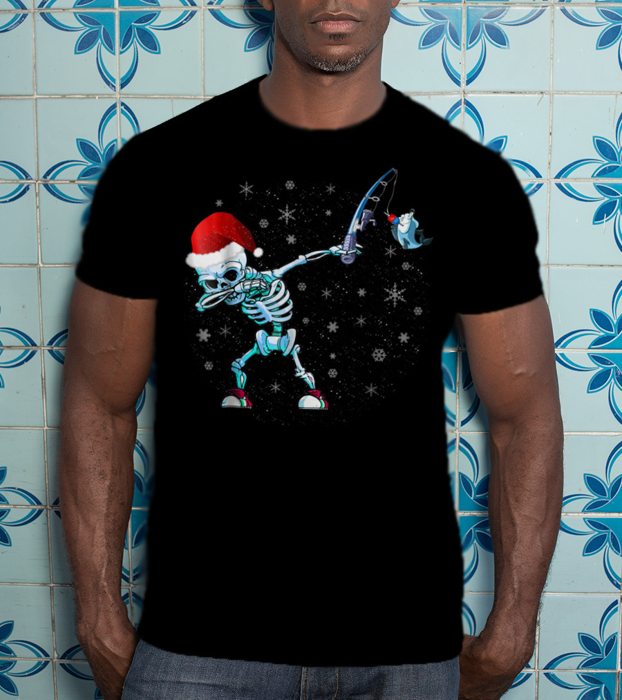 Santa Skeleton Dabbing With Fishing Rod And Shark T-Shirt