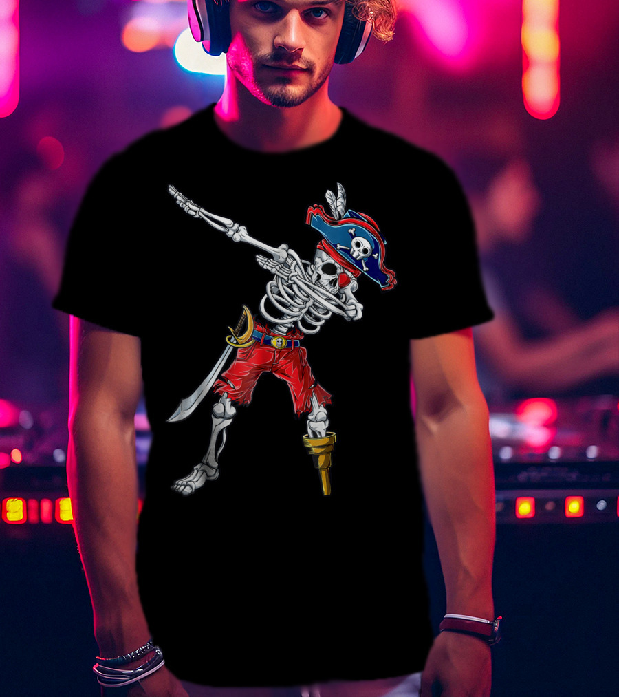 Skeleton Pirate Dabbing In Red Pants And Tricorn Hat With Sword T-Shirt