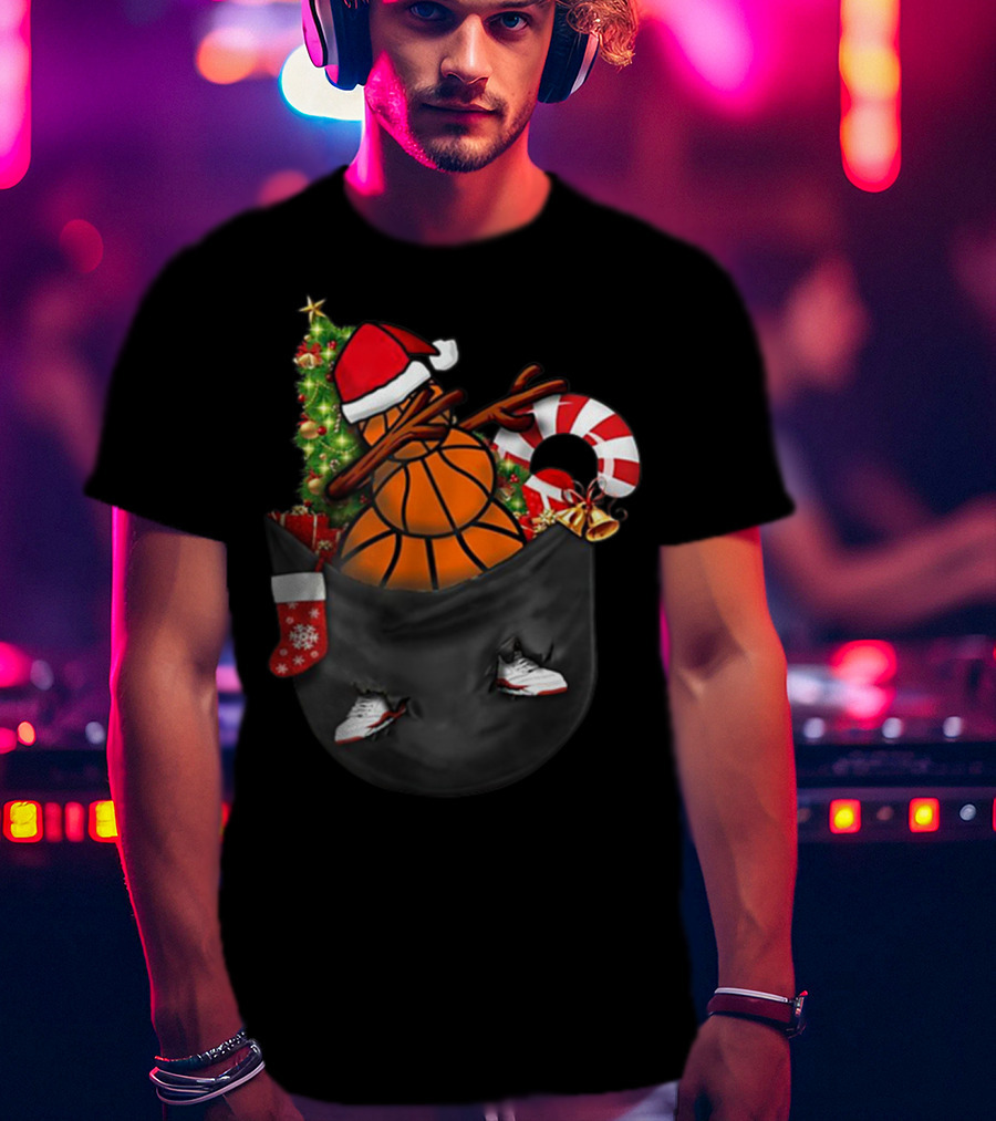 Christmas Dabbing Basketball Snowman In Pocket With Candy Cane And Santa Hat T-Shirt