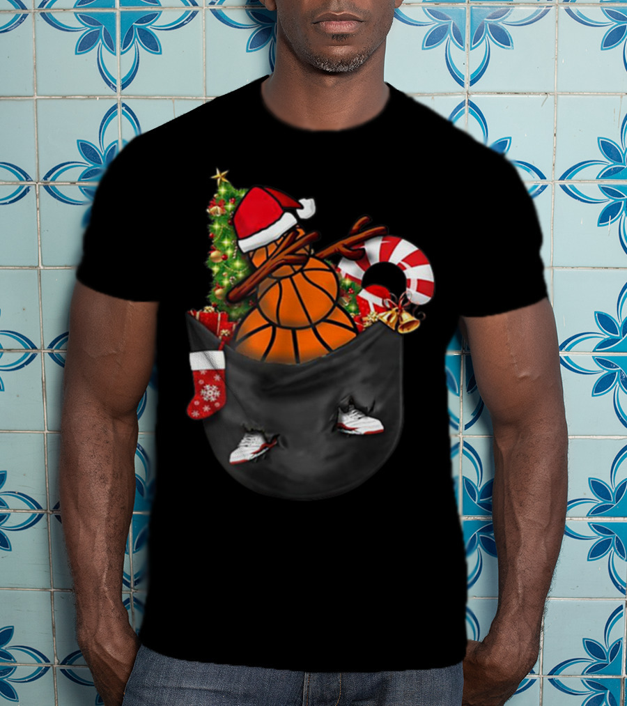 Christmas Dabbing Basketball Snowman In Pocket With Candy Cane And Santa Hat T-Shirt