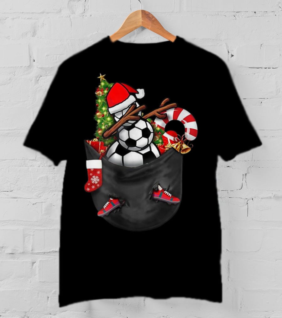 Dabbing Snowman Soccer Ball Christmas Tree Candy Cane Stocking Football Shoes In Your Pocket T-Shirt