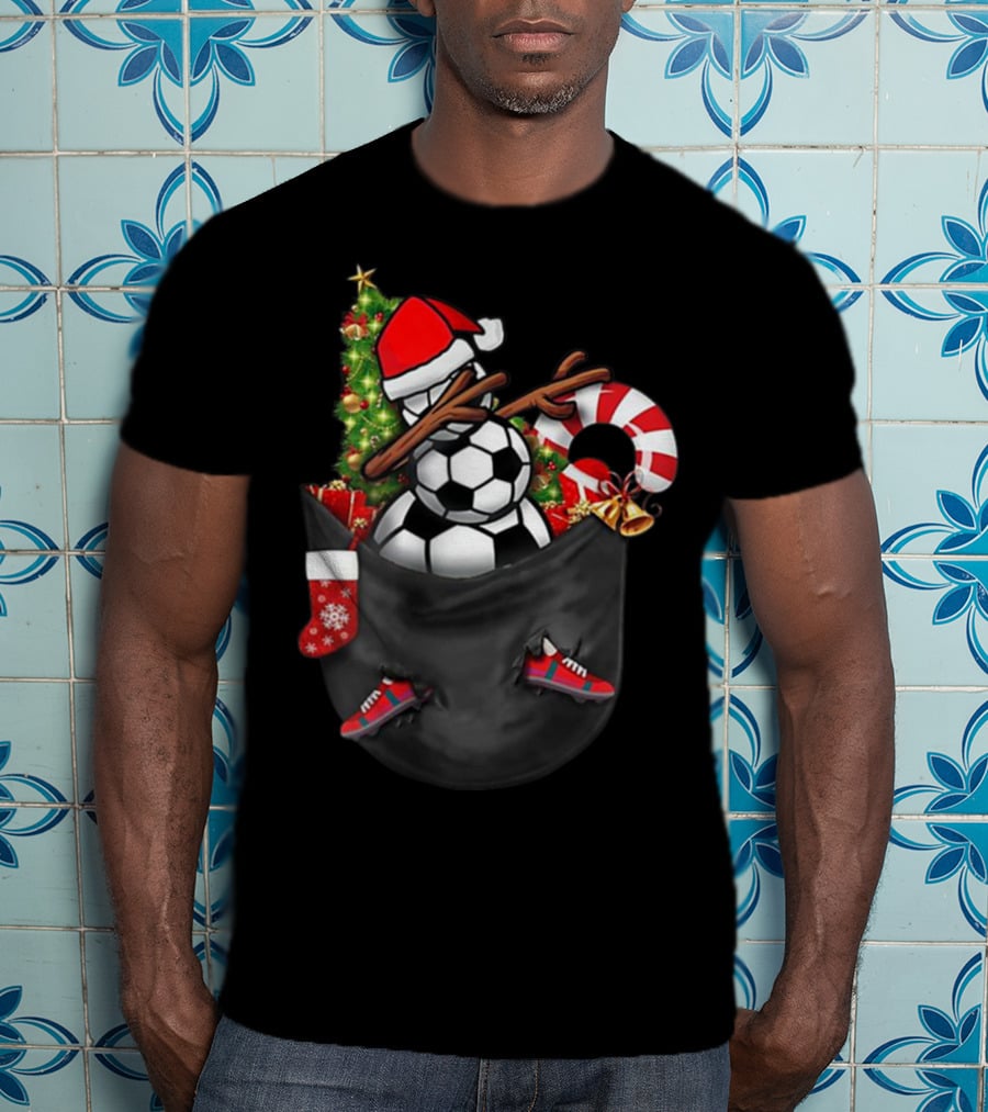 Dabbing Snowman Soccer Ball Christmas Tree Candy Cane Stocking Football Shoes In Your Pocket T-Shirt