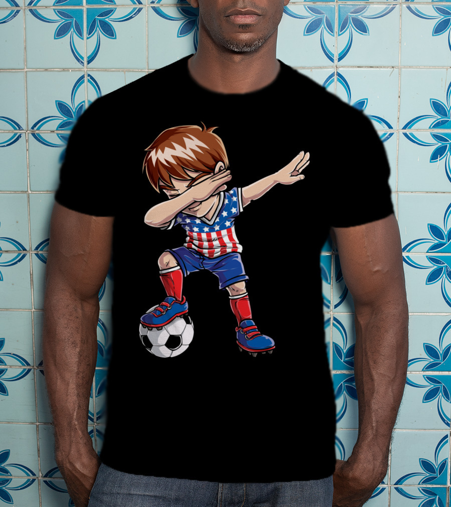 Dabbing Boy With Soccer Ball In American Flag Jersey T-Shirt