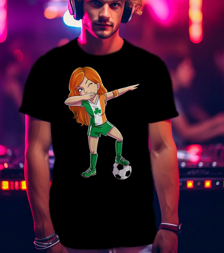 Dabbing Irish Soccer Girl With Shamrock Jersey And Football T-Shirt