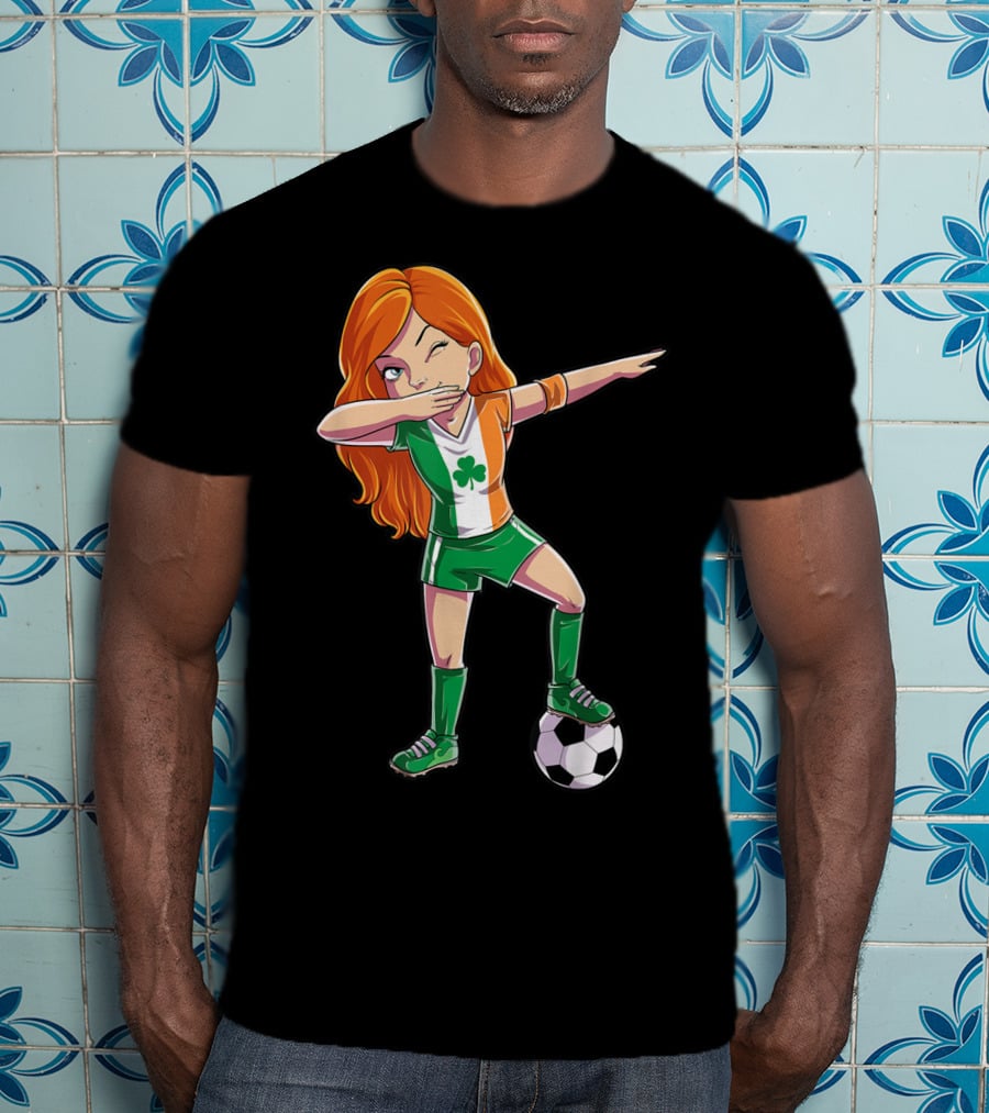 Dabbing Irish Soccer Girl With Shamrock Jersey And Football T-Shirt
