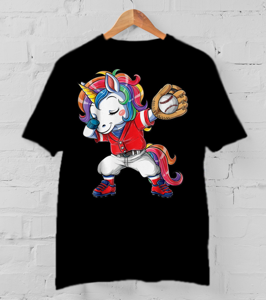 Dabbing Unicorn In Rainbow Baseball Outfit Holding Ball T-Shirt