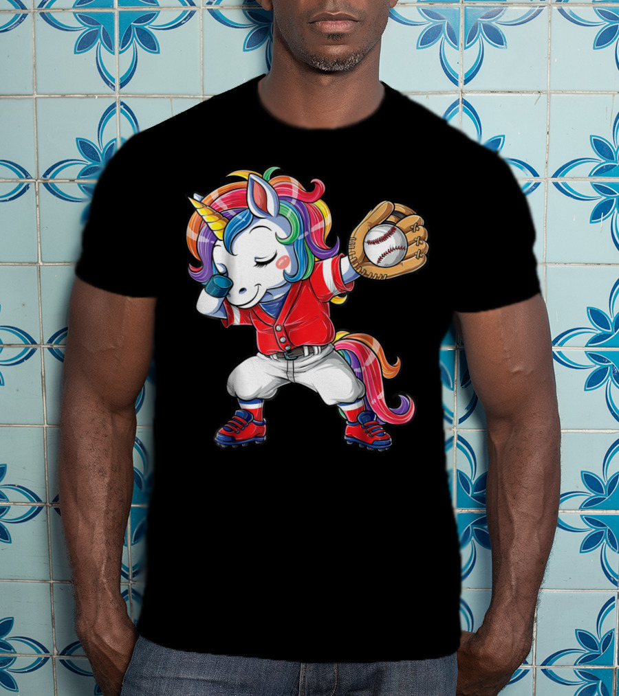 Dabbing Unicorn In Rainbow Baseball Outfit Holding Ball T-Shirt