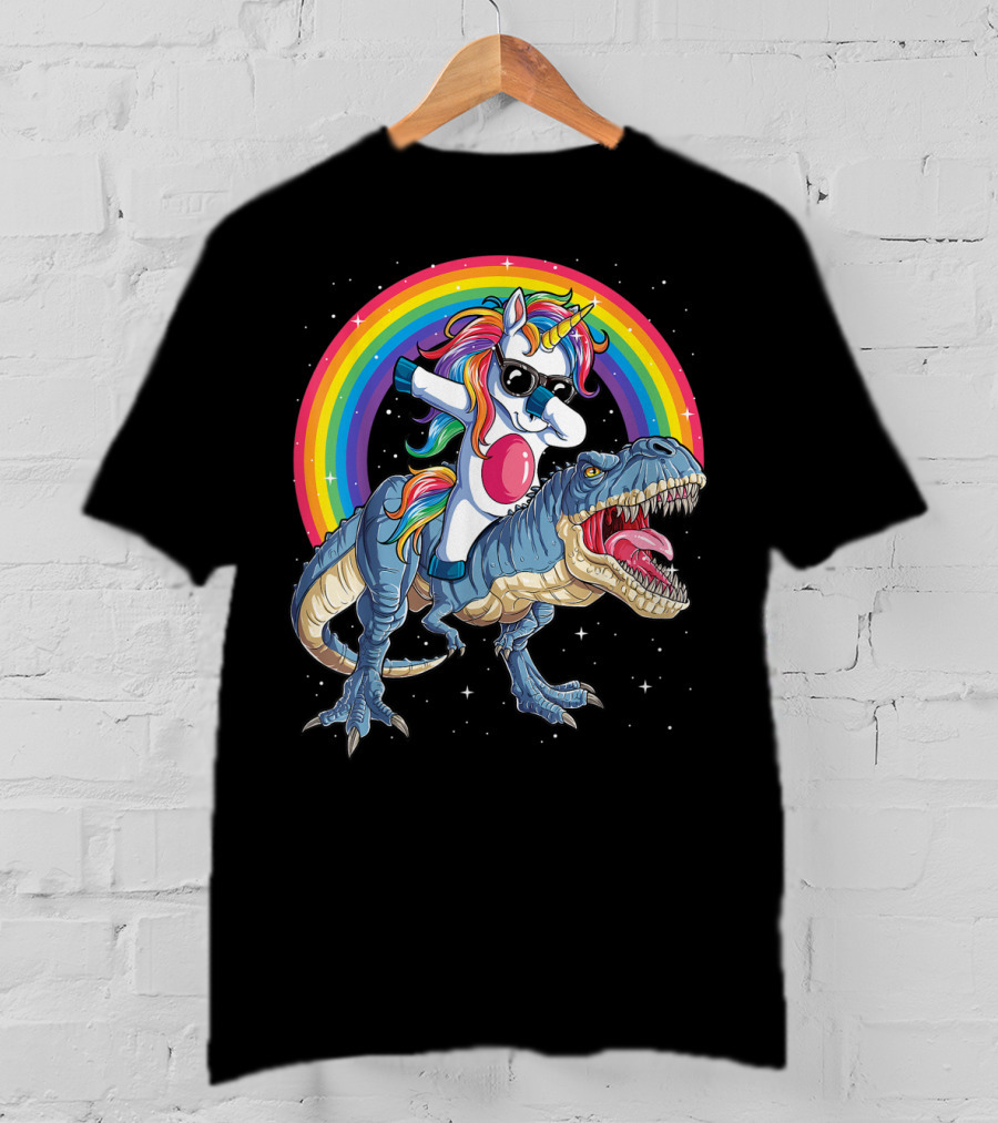 Dabbing Unicorn Riding T-Rex Under Rainbow In Space T-Shirt
