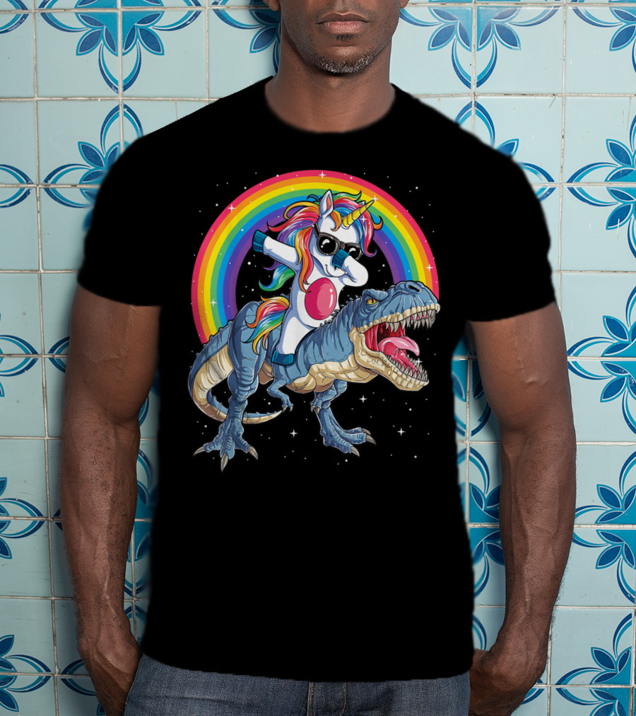 Dabbing Unicorn Riding T-Rex Under Rainbow In Space T-Shirt