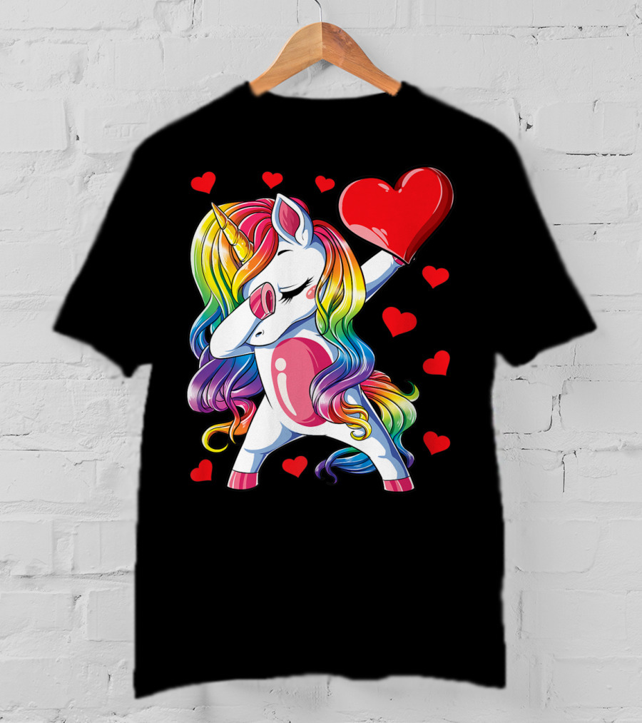 Valentine's Day Rainbow Dabbing Unicorn With Heart And Hearts T-Shirt