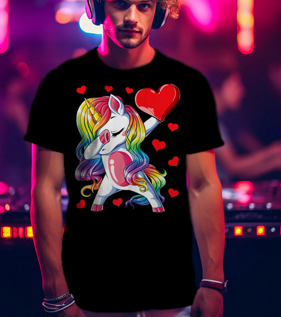 Valentine's Day Rainbow Dabbing Unicorn With Heart And Hearts T-Shirt