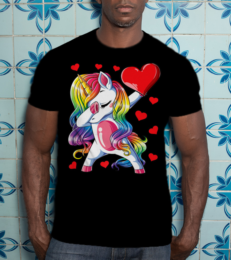 Valentine's Day Rainbow Dabbing Unicorn With Heart And Hearts T-Shirt