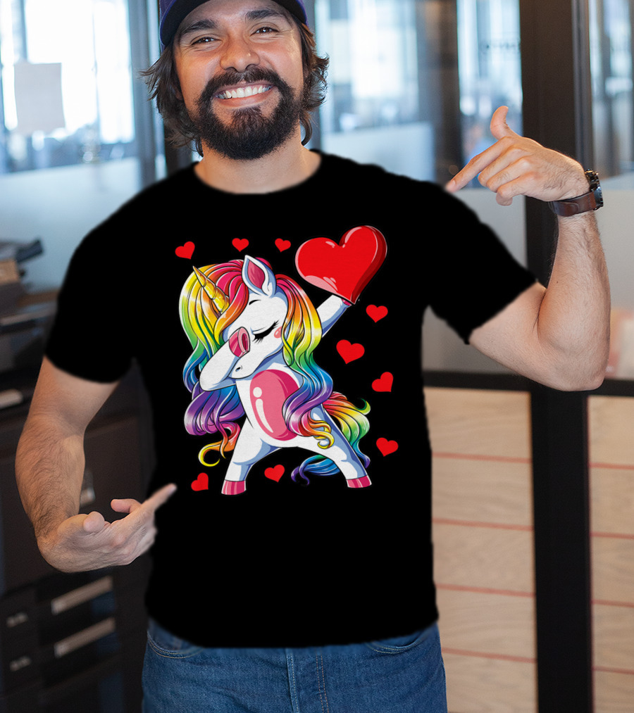Valentine's Day Rainbow Dabbing Unicorn With Heart And Hearts T-Shirt