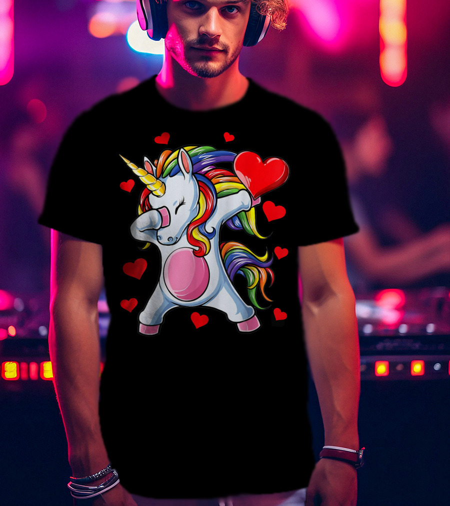Valentines Day Dabbing Unicorn With Heart Girls T-Shirt