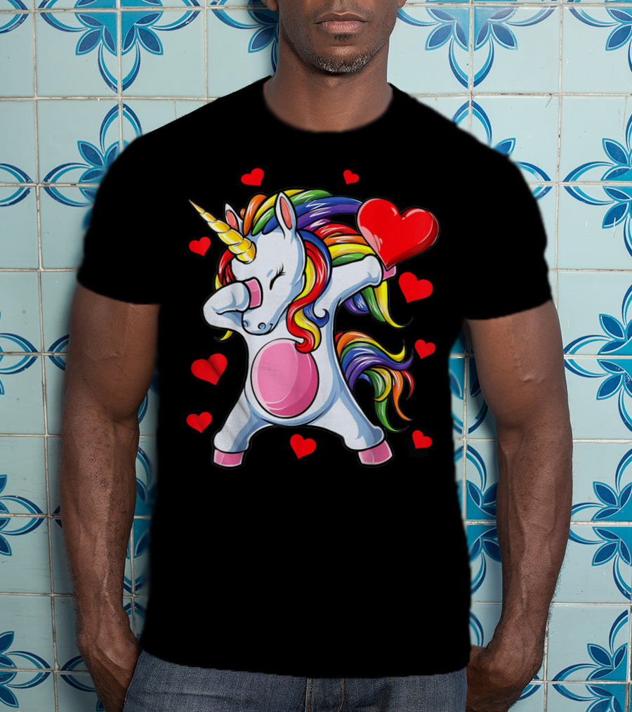 Valentines Day Dabbing Unicorn With Heart Girls T-Shirt
