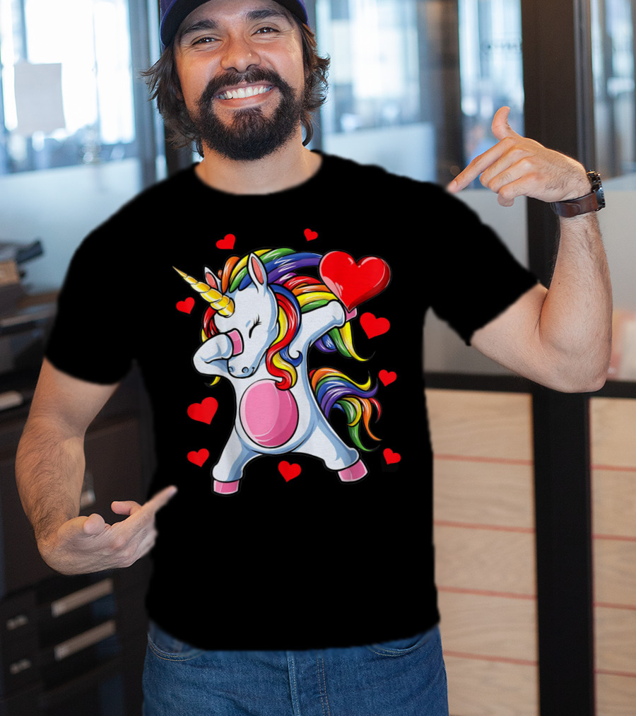 Valentines Day Dabbing Unicorn With Heart Girls T-Shirt